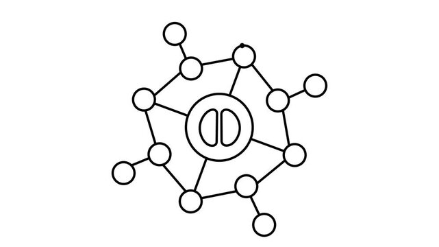 The video features a minimalist, line-art animation of a central circular icon with two vertical semi-circles inside, resembling a brain or core node.