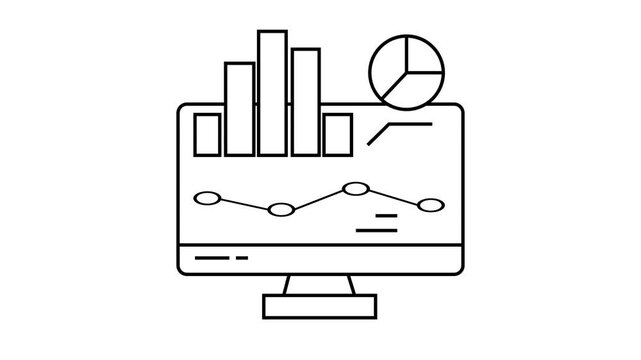 The video features a clean, minimalist line-art animation of a computer monitor displaying a data dashboard.