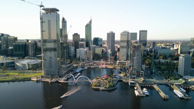 Aerial drone view of Elizabeth Quay and Perth skyline
