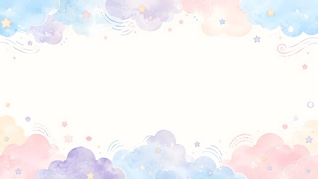 Cute watercolor baby clouds and stars background, isolated on white background