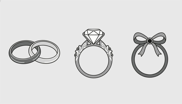 Set of three grey scale ring drawings showing intertwined wedding bands, a diamond engagement ring, and a bow ring.