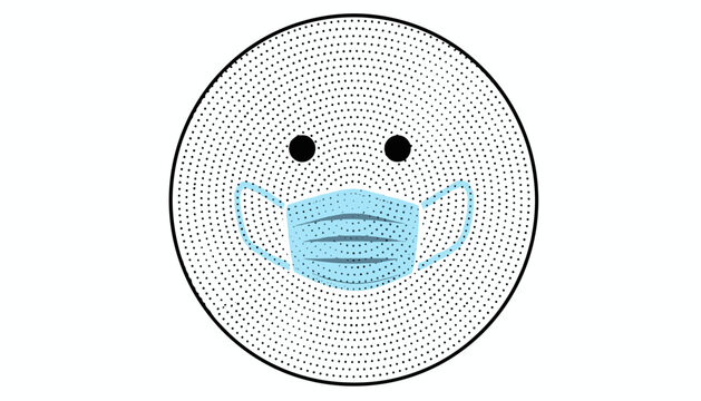 Smiley face composed of concentric dotted lines wearing a light blue protective medical mask on a white background.