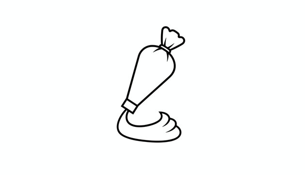 Linear outline drawing of a pastry piping bag decorating with frosting cream, isolated on white background.