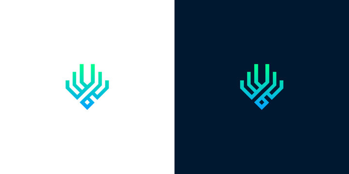 Minimalist geometric technology logo design with circuit board line art elements for corporate brand identity and digital business