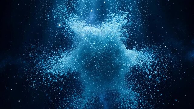 Abstract blue dust cloud explosion with light rays on a dark background