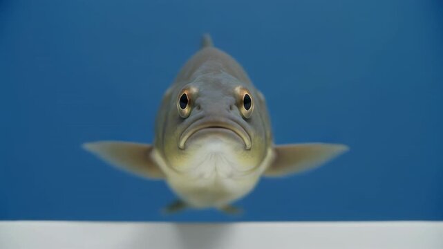 Small fish growing into a larger fish in a blue tank during a scientific study for biology research