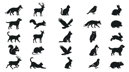 Fototapeta premium A diverse collection of various wild and domestic animal silhouettes featuring mammals birds and forest creatures in minimalist black graphic style