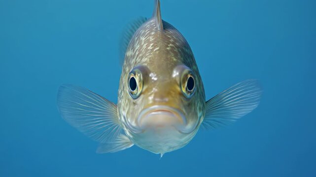 Small fish swimming forward with fins moving against a blue background in clear water during daylight