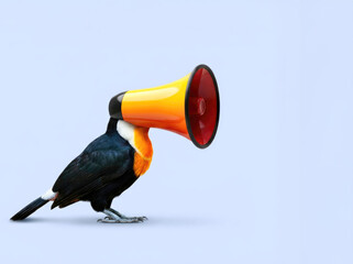Naklejka premium Toucan bird standing with megaphone head for loud message and brand advertising