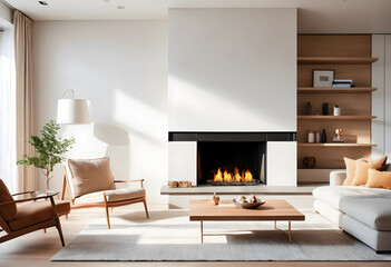 Fototapeta premium Modern minimalist living room interior design, contemporary home decor with fireplace and natural light, luxury residential space