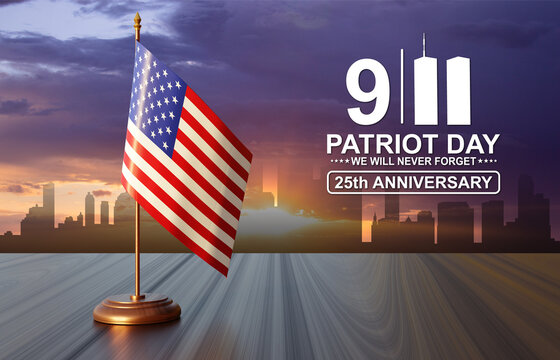 09.11.2001 American Patriot Day banner. 25th Anniversary. Flag of USA against the sunset