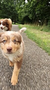 Three dogs are running down a road