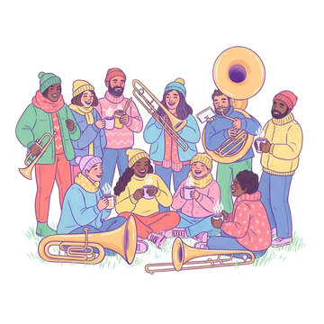 Diverse group of musicians enjoying hot drinks in winter