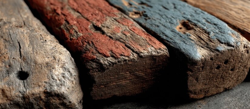 Close-up of weathered, painted wooden planks, showing texture and detail. Focus on the end grain