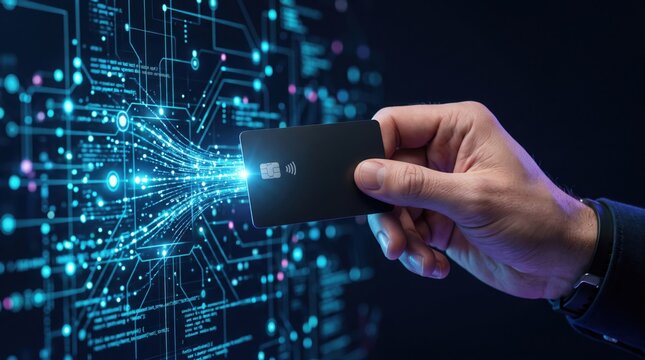Hand holding credit card with digital data stream