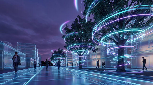 Futuristic Smart City Street with Neon Glowing Holographic Trees and Pedestrians