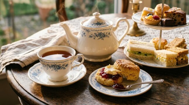 Traditional British Afternoon Tea with Scones Jam Cream and Assorted Pastries on a Wooden Table