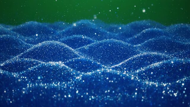 Abstract blue sparkling waves in motion against a green bokeh background with cinematic movement