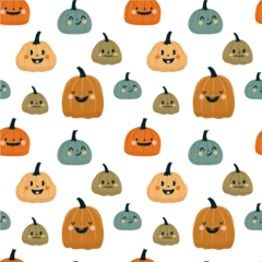 Seamless background with cartoon pumpkins illustrations on Halloween theme, vector flat style. © Lana