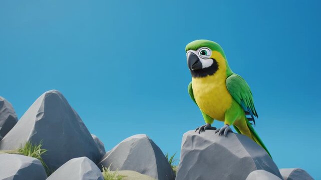 Animated parrot lands on rocky outcrop against clear blue sky flapping wings