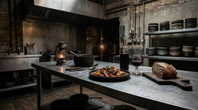 Gourmet beef stew served with red wine and bread in a rustic industrial restaurant kitchen setting