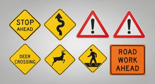 Collection Of Diverse Traffic Warning Signs On A Plain Background