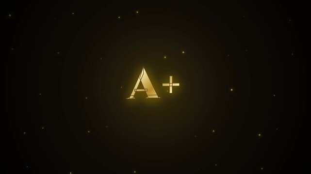 A golden 'A+' symbol glows and shimmers against a dark background filled with floating golden particles, symbolizing top-tier achievement and excellence.