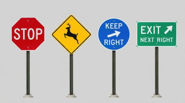 Collection Of Four Road Signs Isolated Studio Background