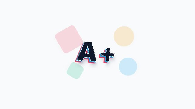 Minimalist animation showing 'A+' text surrounded by soft, pastel geometric shapes on a light background, representing excellence and high-quality standards in a simple, modern design.