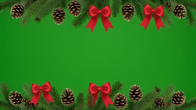 Christmas garland border with red bows and pinecones moving across green background