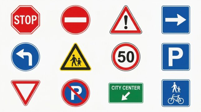 Collection Of Road Signs And Traffic Symbols For Safety Education