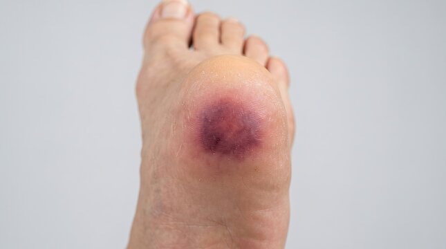 Close up of human heel with severe purple bruise plantar hematoma or diabetic foot complication