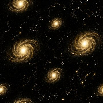 Golden spiral galaxies and constellations floating in deep space
