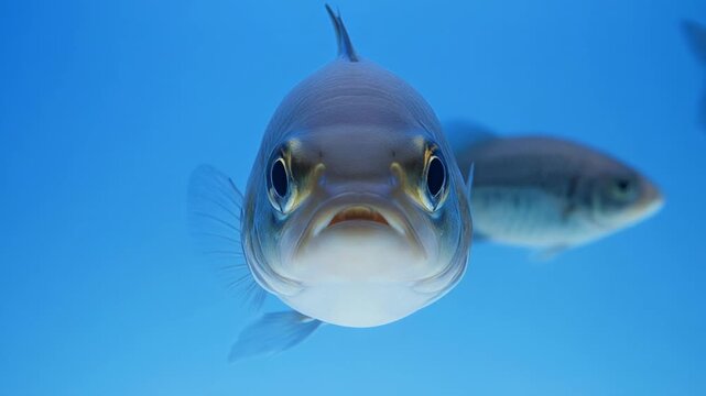 Close up of a predatory fish swimming in clear blue water with cinematic motion and selective focus