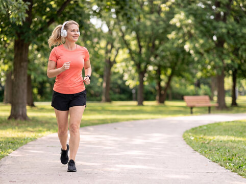 Middle aged white woman jogging in park with blonde ponytail for healthy aging fitness wellness preventive healthcare and active lifestyle advertising