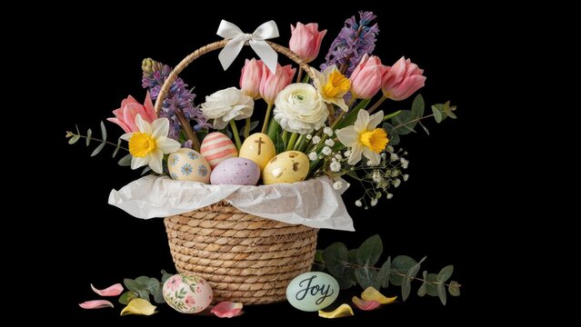 Wicker Basket, Overflowing with Spring Flowers and Pastel Easter Eggs, a Joyful Floral Arrangement