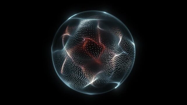 Voxel particle sphere pulses with glowing white dots and warm red core. Volumetric digital orb reveals dynamic data structure. Futuristic sci-fi loop for tech visuals, 4k seamless motion.
