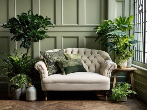 Interior view featuring a loveseat with pillows, plants, wooden floors, and a window