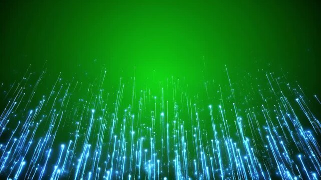 Blue glowing particles rising against a green light gradient background with cinematic motion