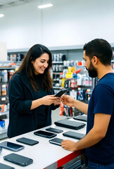 Fototapeta premium Mobile technology retail experience, woman shopping for new smartphone with sales assistant in electronics store