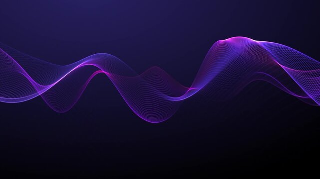 Neon light wave animation flows on dark background. Glowing violet and magenta lines pulse with smooth digital rhythm. Futuristic atmosphere, 4K 60fps loop.
