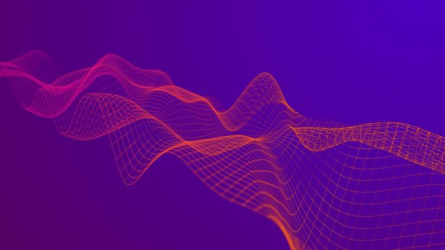 Fluorescent orange wave mesh ripples on violet gradient. Acid neon wireframe terrain glows across purple background. Futuristic data visualization loop.