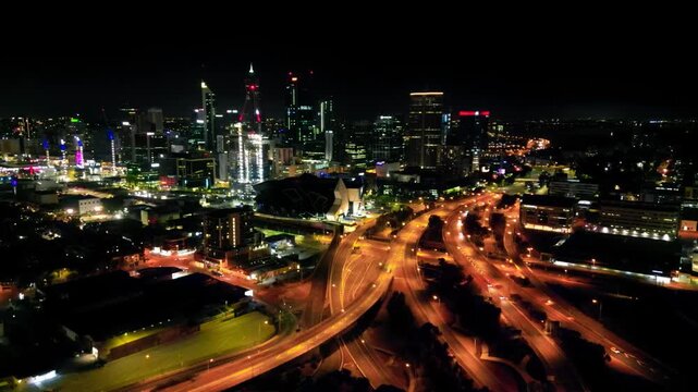 Aerial drone video of Perth downtown and cityscape glowing