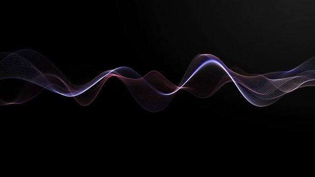 Elegant translucent wave shimmers on black background. Soft glowing multicolor lines create a gentle graphic rhythm, seamless loop for tech visuals.