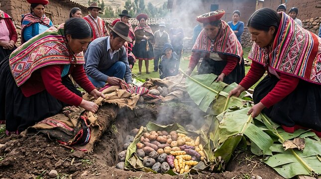 Andean Indigenous community preparing pachamanca earth oven meal with potatoes and banana leaves. Traditional Peruvian cooking, cultural heritage, communal celebration, rural village gathering.