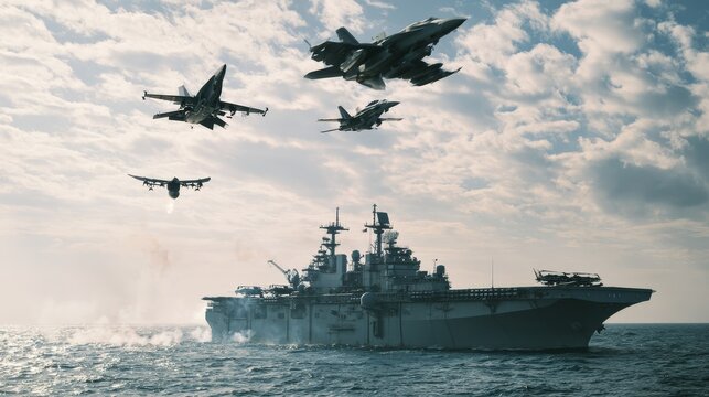 Naval warship sailing across open sea with military drones and three fighter jets flying overhead, modern naval fleet and air defense forces in a strategic maritime operation