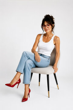 Skeptische Frau mit roten High Heel und roter Brille