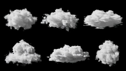 Six distinct fluffy white cloud formations presented against a stark black background, showcasing various shapes and textures. © Mst Rozina Pervin