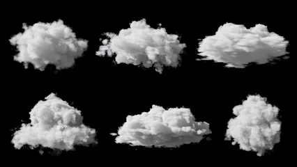 Six distinct fluffy white cloud formations presented against a stark black background, showcasing various shapes and textures. © Mst Rozina Pervin