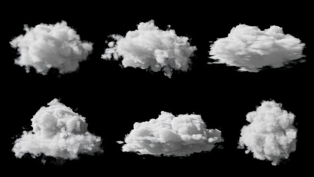 Six distinct fluffy white cloud formations presented against a stark black background, showcasing various shapes and textures.